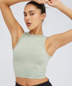 Green Tank Top Crew Neck Washed Seamless