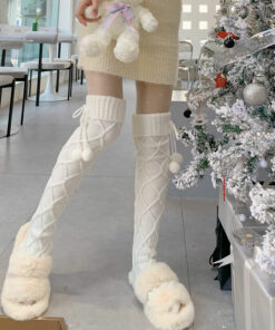 Fluffy warm pompon stockings
