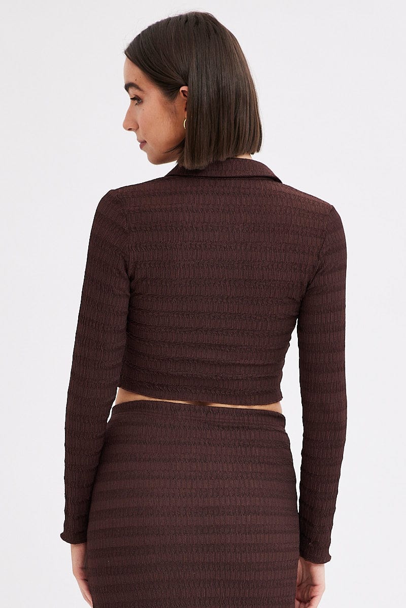Brown Crop Shirt Long Sleeve Collar Textured - Image 5