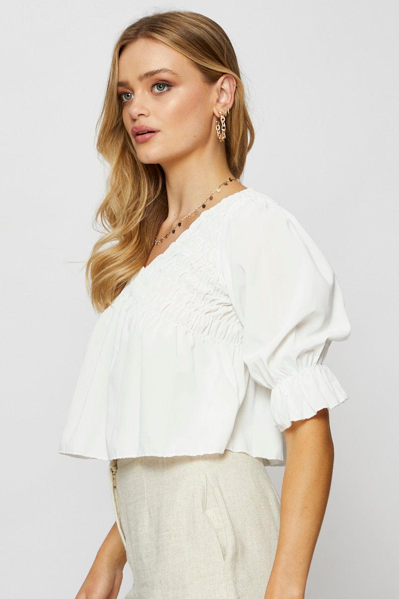 White Crop Blouse Short Sleeve Round Neck - Image 4