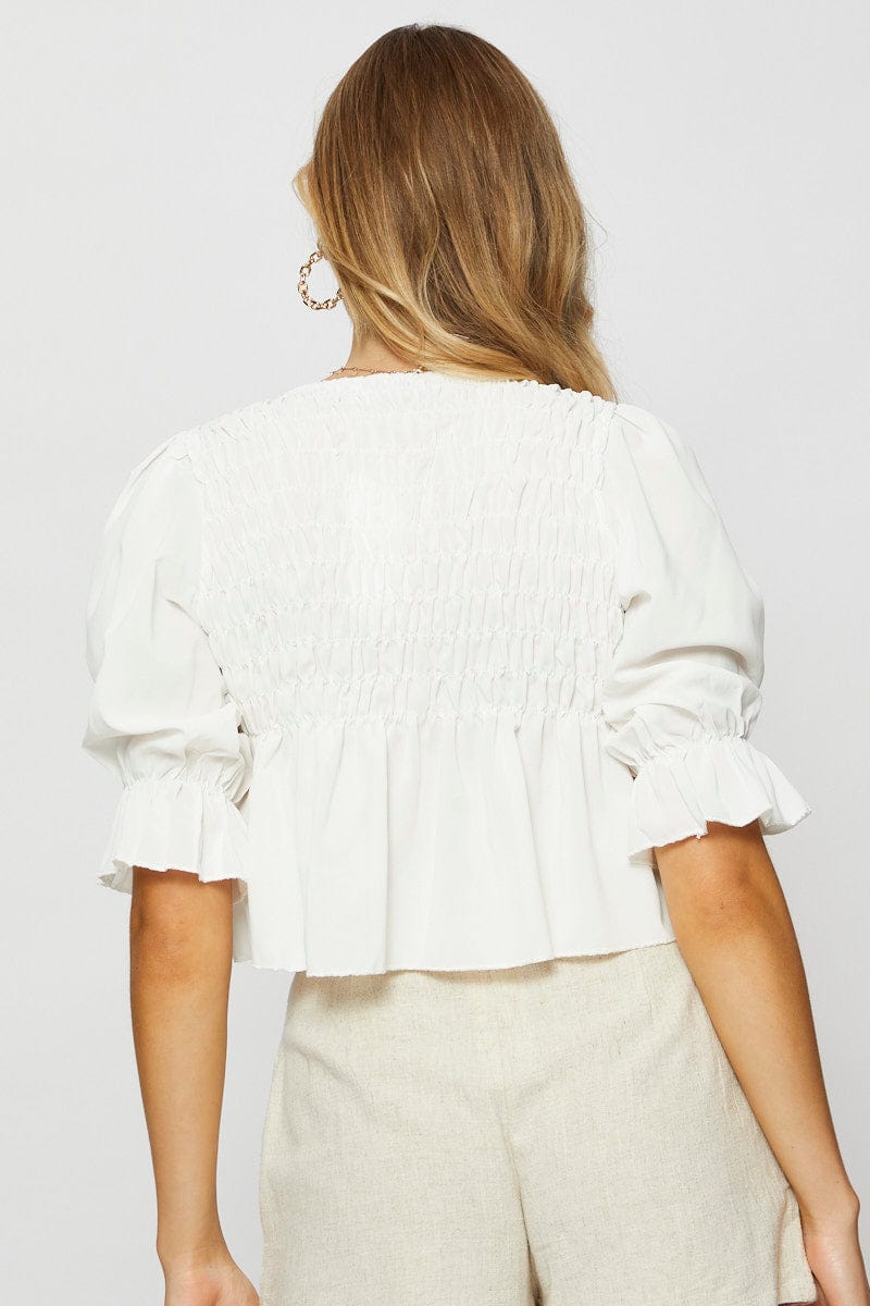 White Crop Blouse Short Sleeve Round Neck - Image 5
