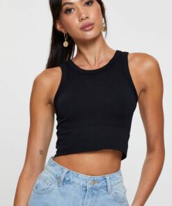 Black Tank Top Sleeveless Crew Neck Seamless